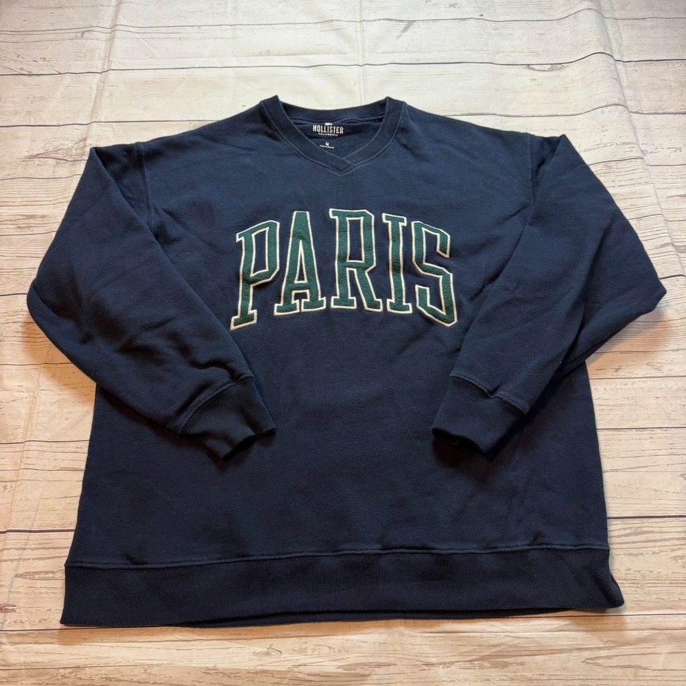 Hollister Long Sleeve V-Neck Sweatshirt Paris Logoโ Blue Women's Size Medium